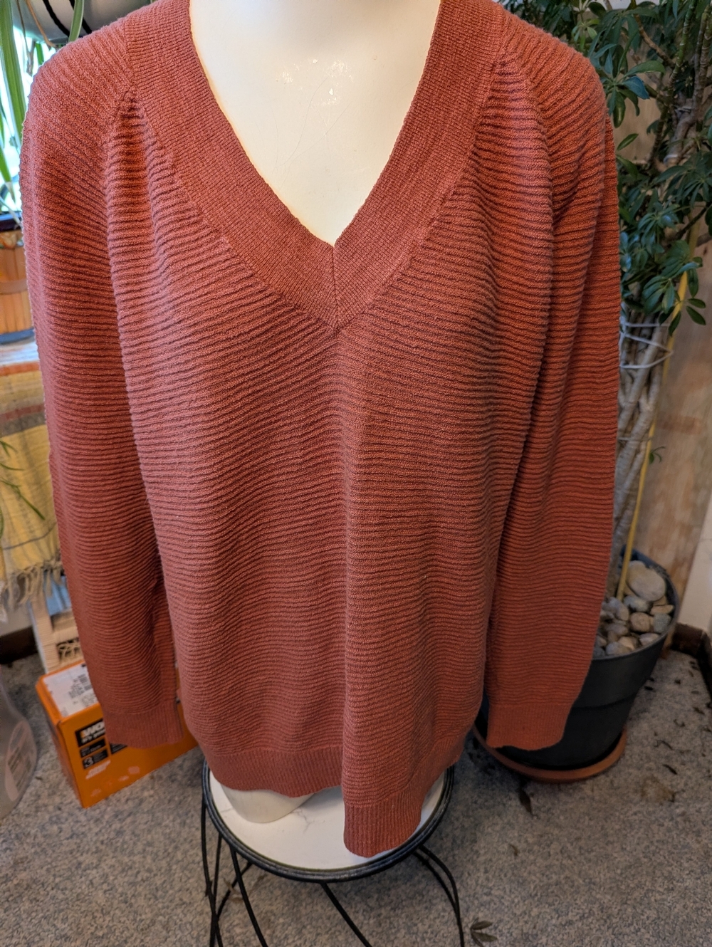 Ann Taylor Loft Vneck Ltwt Cotton Blend Ribbed Oversized Lounging Swtr Sz M-L